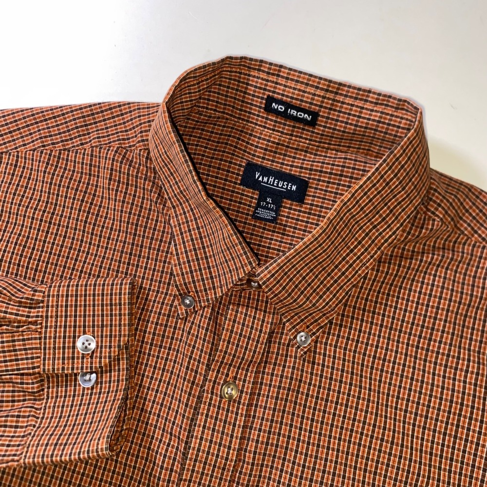 Van Heusen Mens XL No Iron Mini Check Button Down Shirt Orange Brown P221